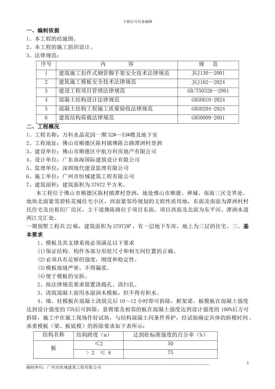登洲别墅模板工程专项施工方案_第1页