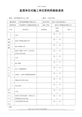 监理组对施工单位资料检查表