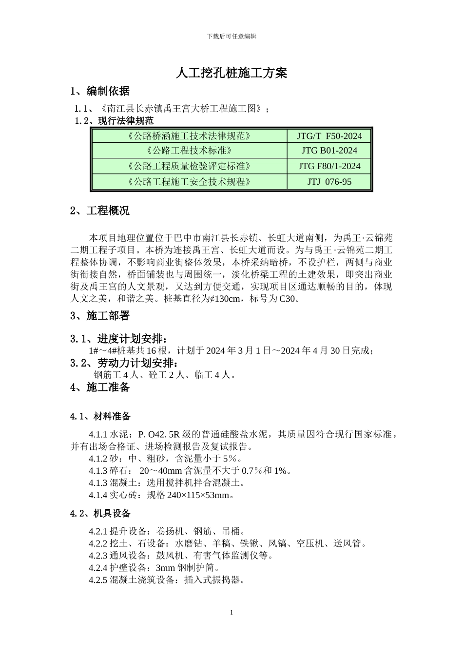 禹王宫人工挖孔桩施工方案_第1页
