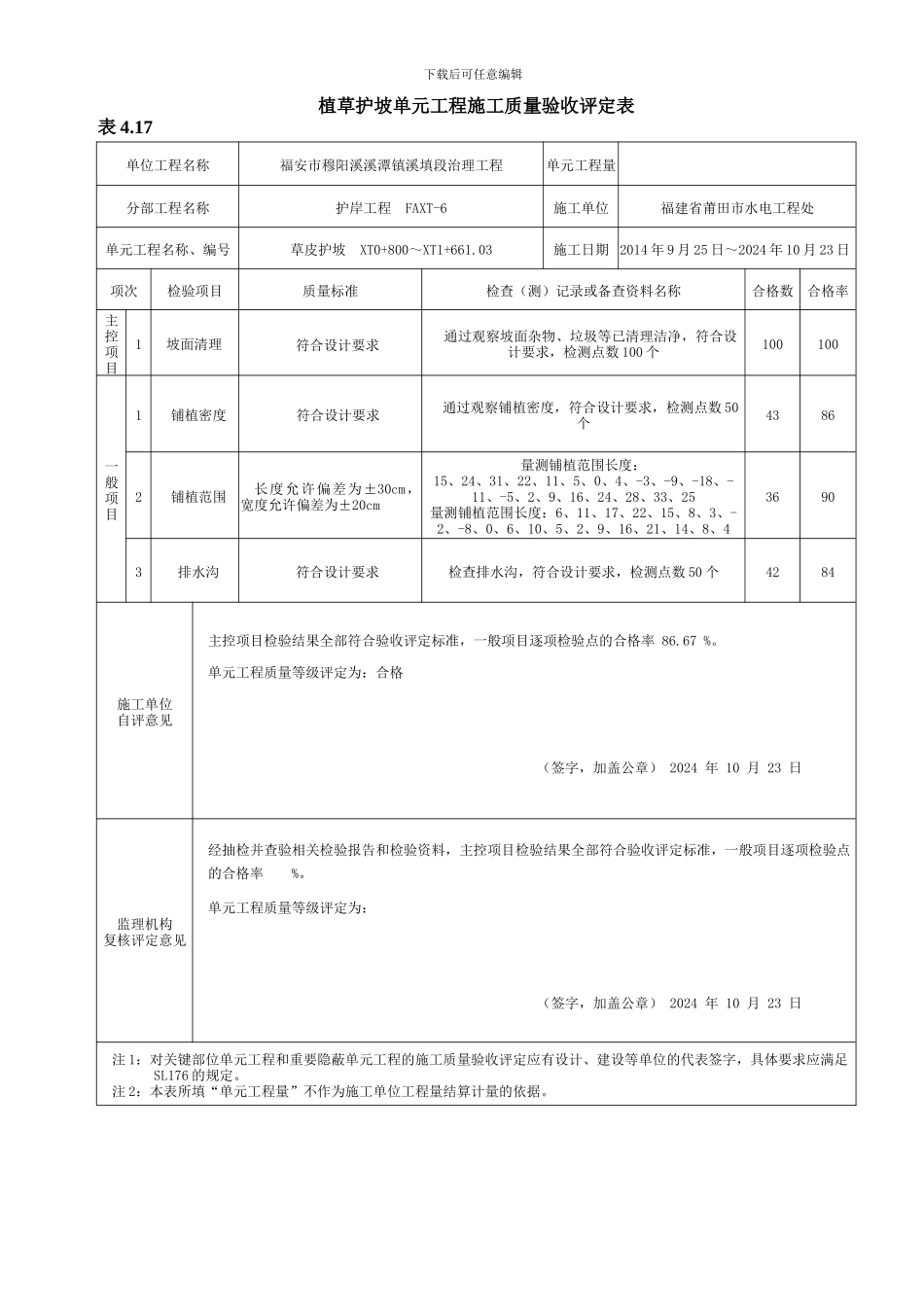 草皮护坡2024最新水利水电工程施工质量评定表样表_第2页