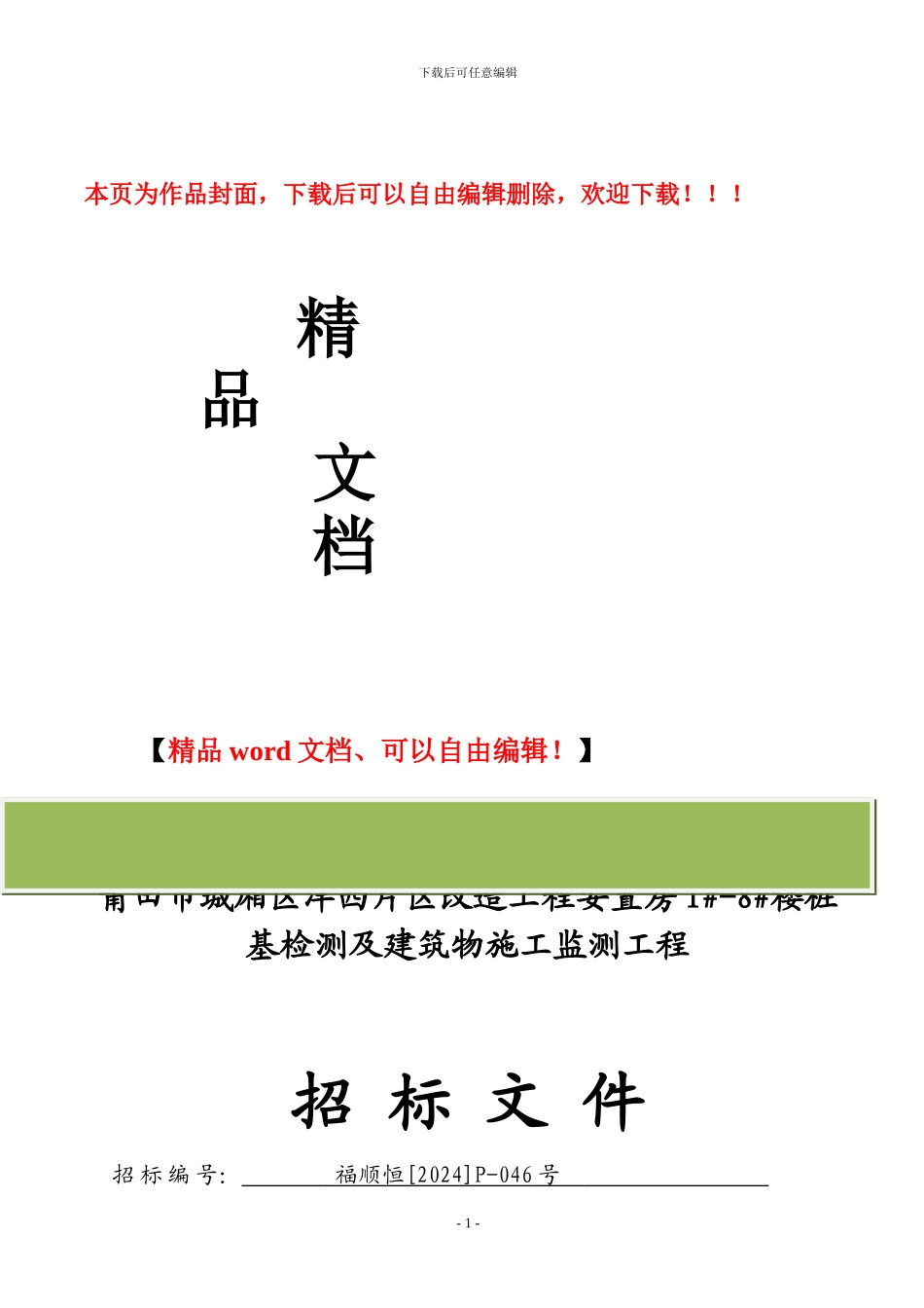 莆田市城厢区洋西片区改造工程安置房1#-8#楼桩基检测及建筑物施工监测工程招标文件_第1页