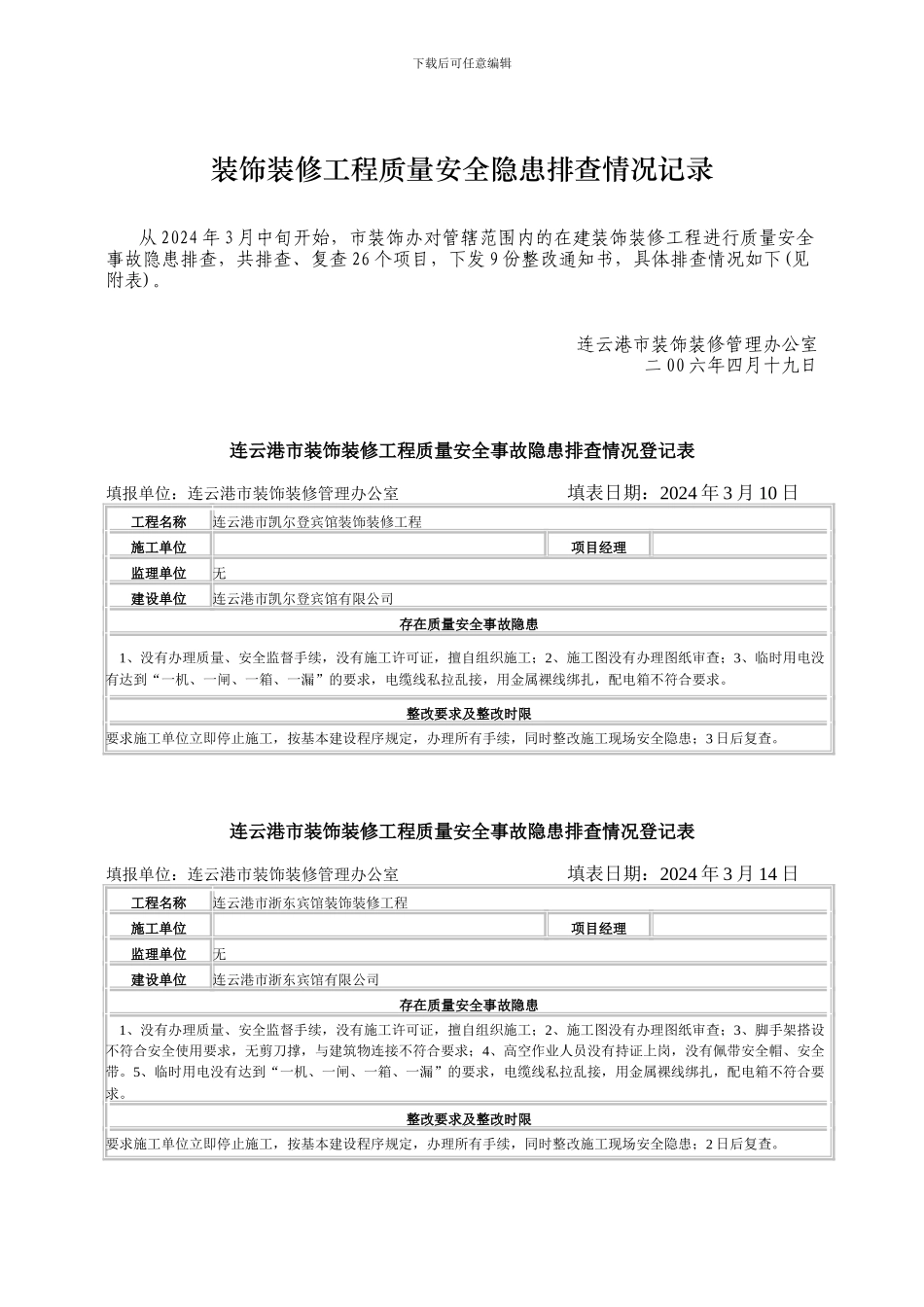 装饰装修工程质量安全隐患排查情况记录_第1页