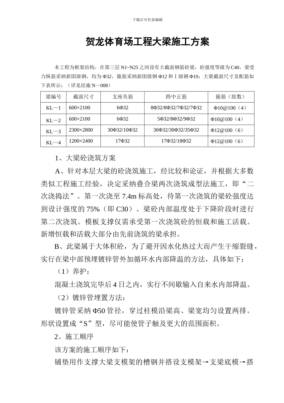 贺龙体育场工程大梁施工方案_第1页
