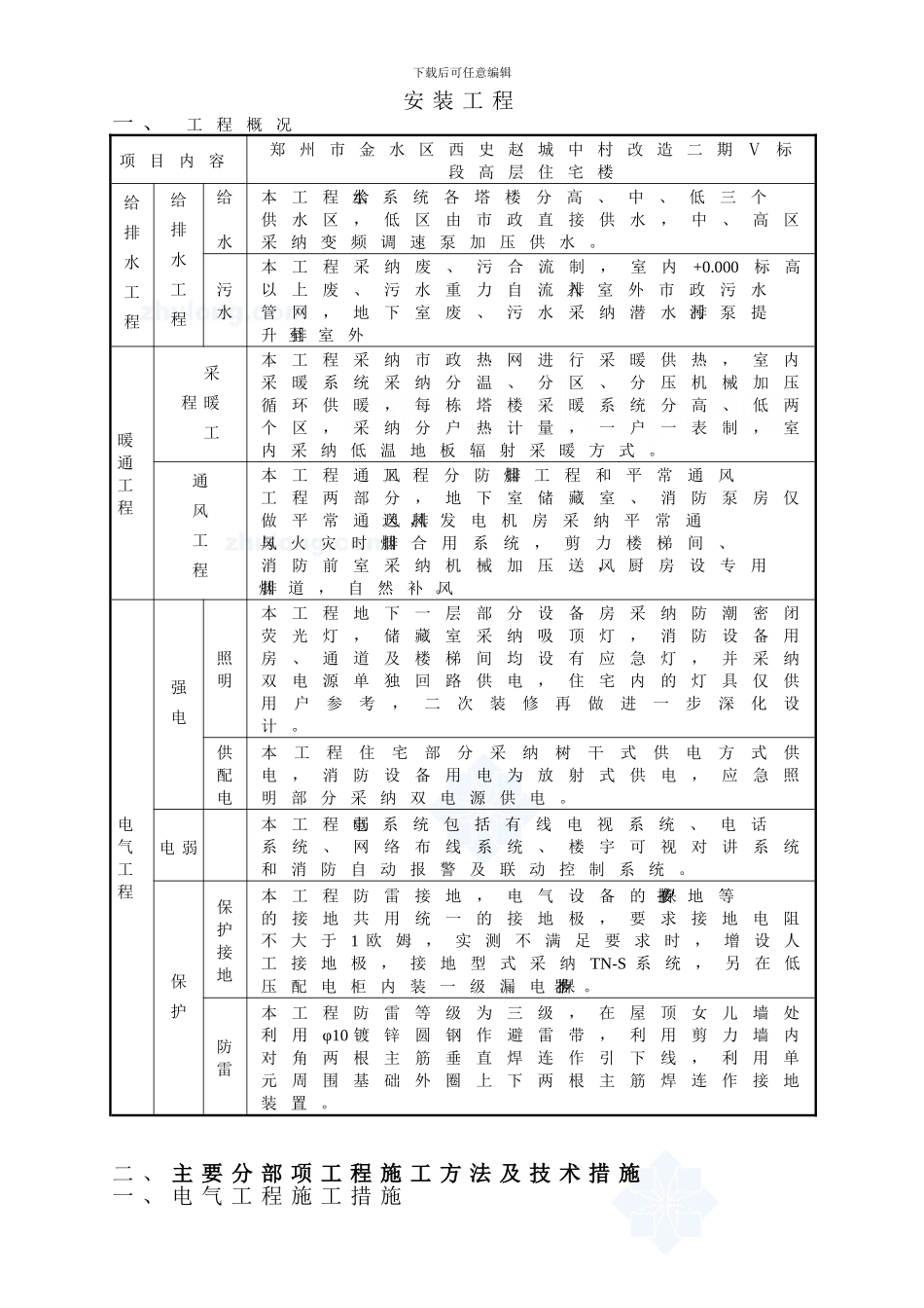 郑州市某高层住宅水电安装施工方案-secret_第1页