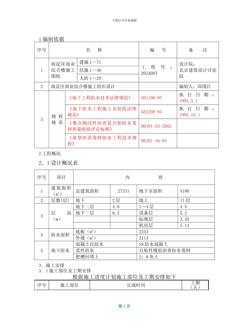 酒仙桥医院病房楼地下防水施工方案-长城杯_第1页