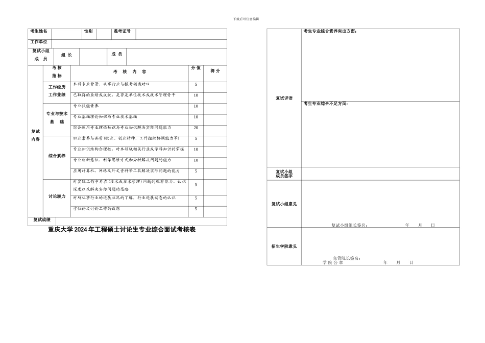 重庆大学2024年工程硕士研究生专业综合面试考核表_第1页