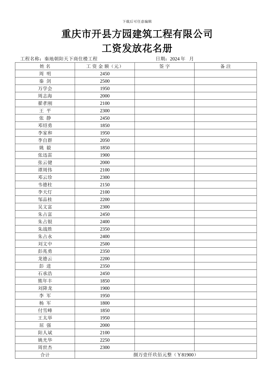 重庆市开县方园建筑工程有限公司.工资表_第1页