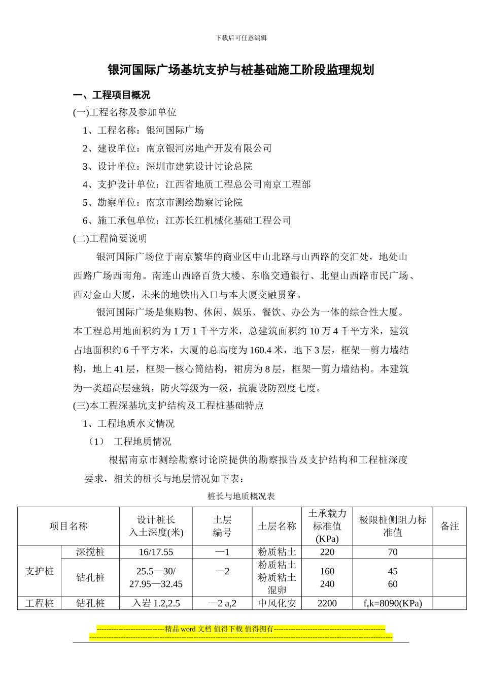 银河国际广场基坑支护与桩基础施工阶段监理规划_第1页