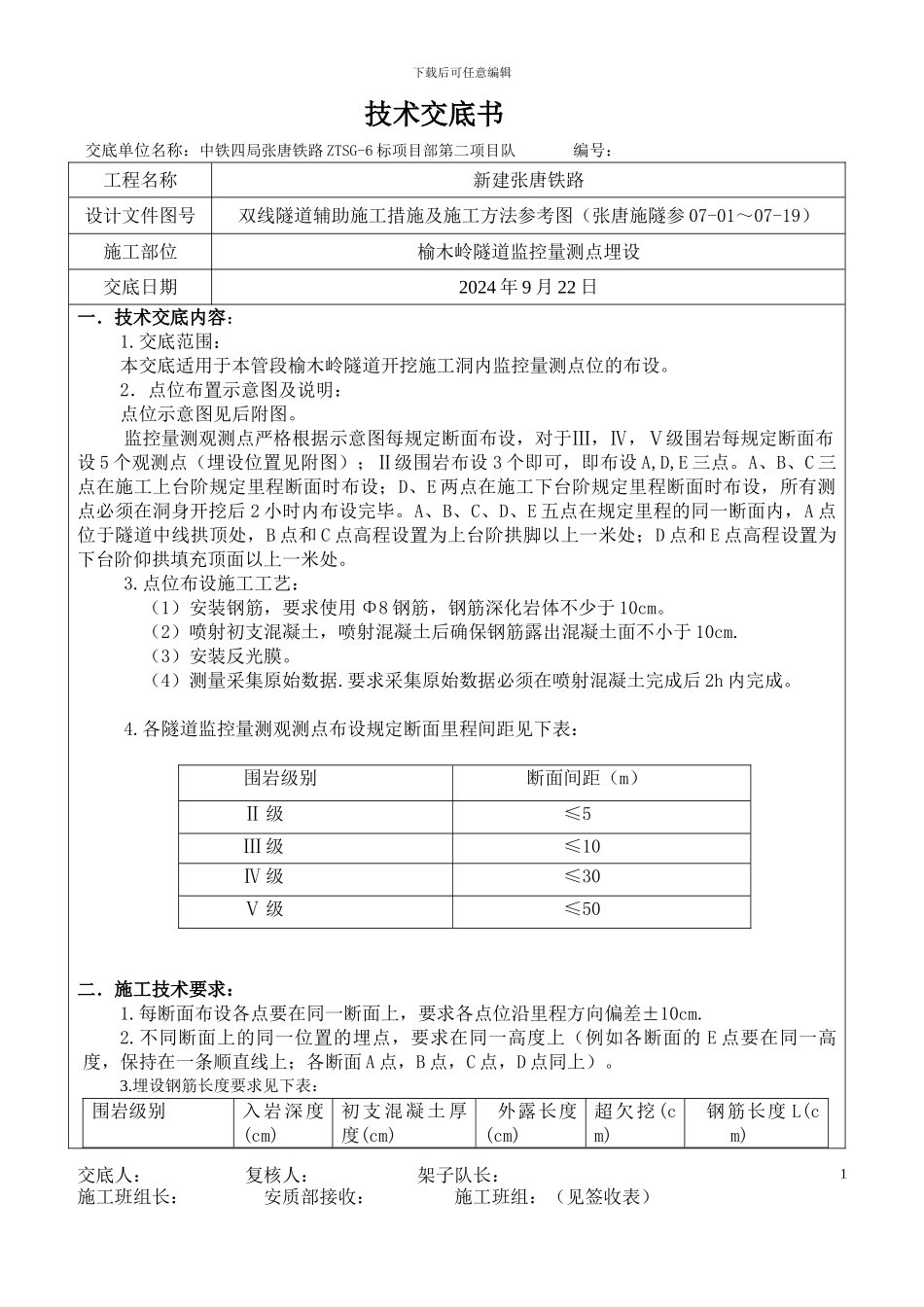 隧道洞内监控量测点布设施工技术交底书1_第1页
