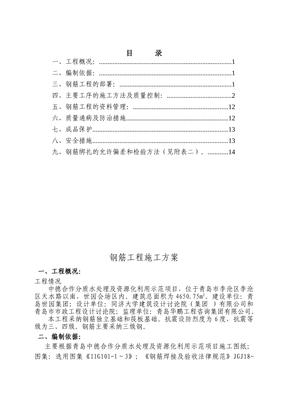 青岛中德污水处理厂项目钢筋施工方案_第1页