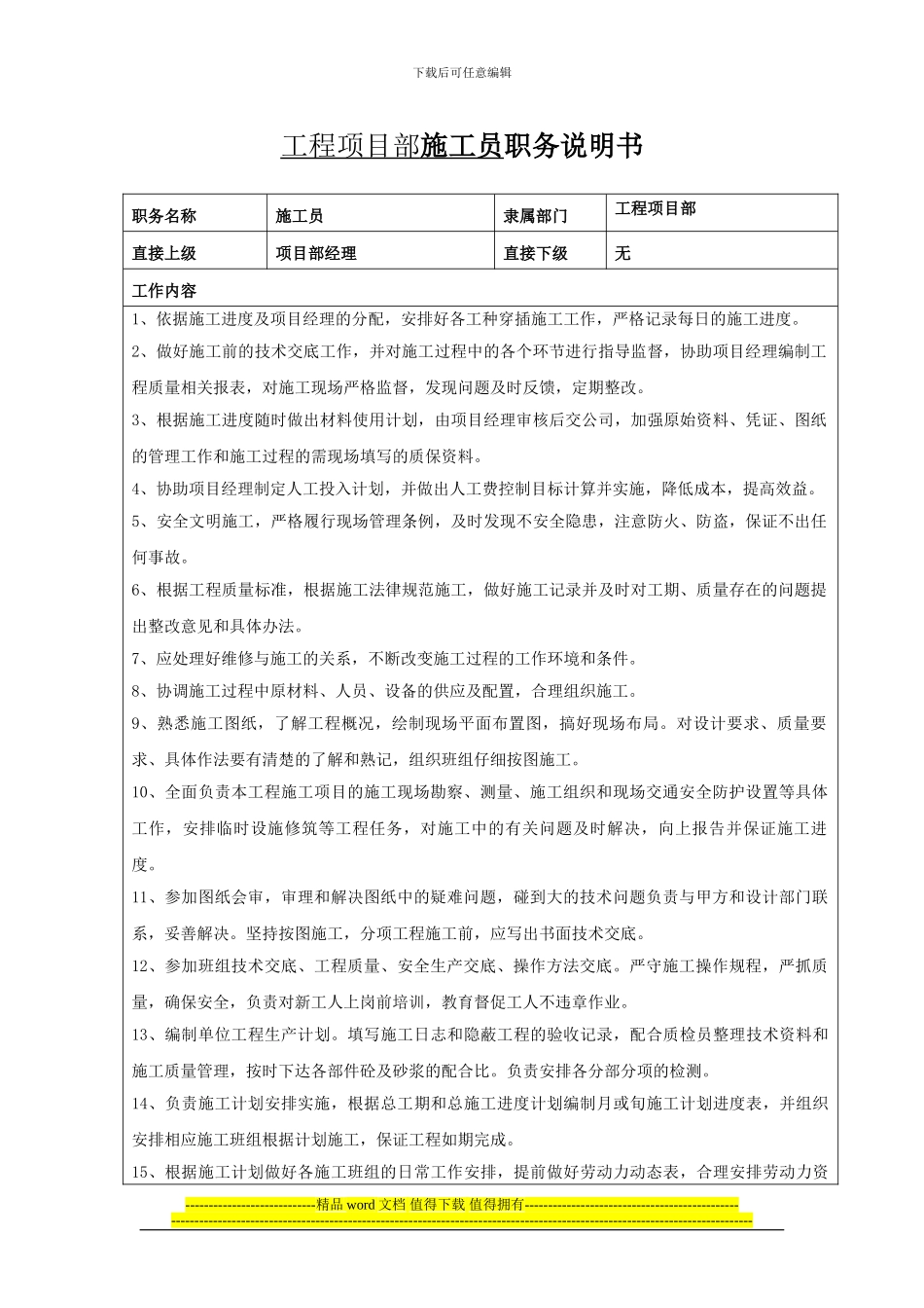 项目部施工员岗位说明书_第1页