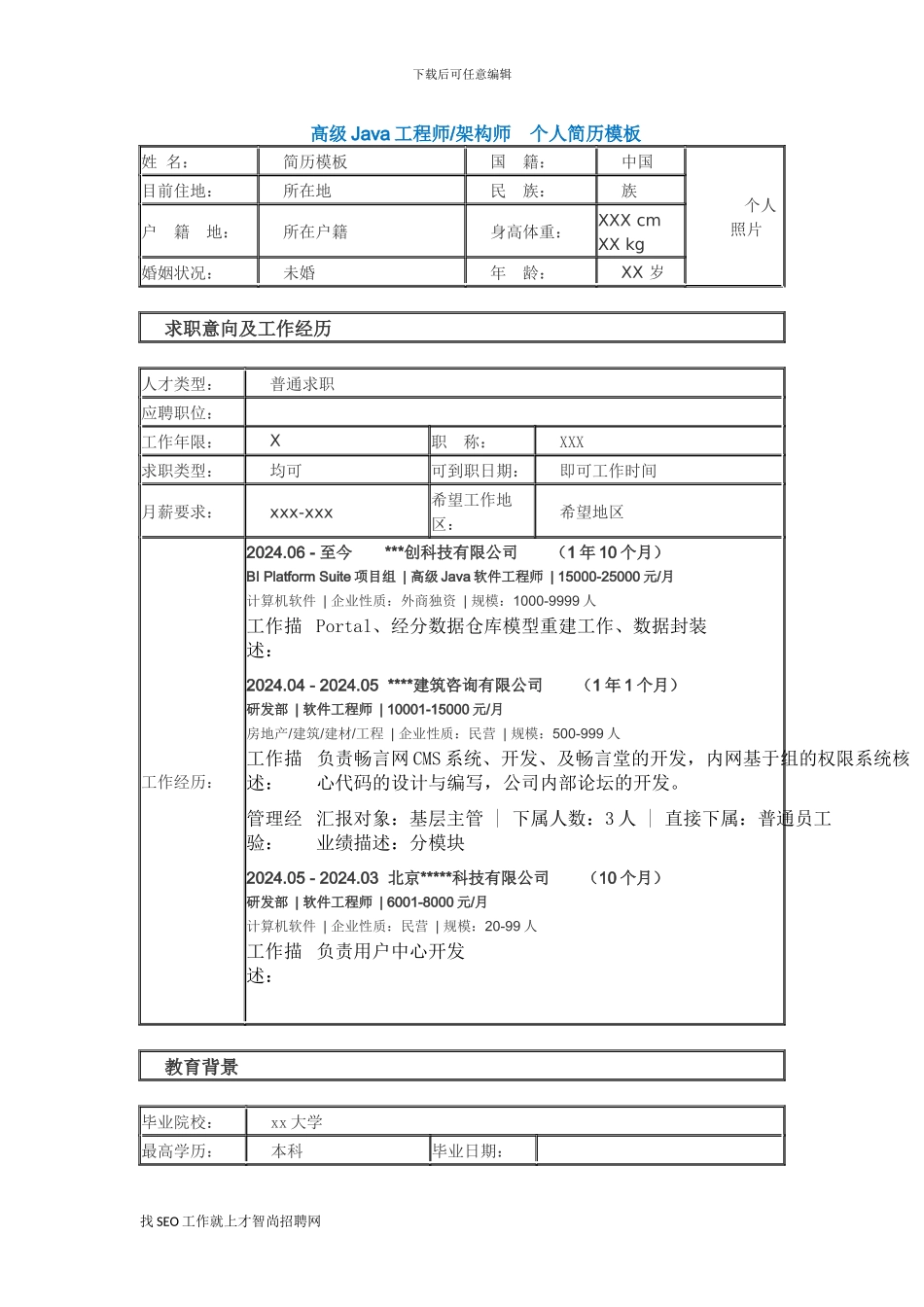 高级Java工程师架构师-个人简历模板_第1页