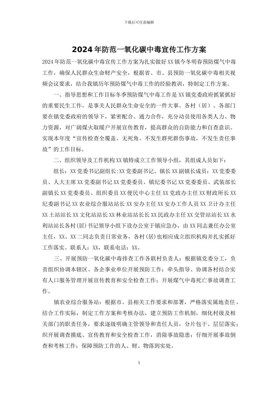 2024年防范一氧化碳中毒宣传工作方案_第1页