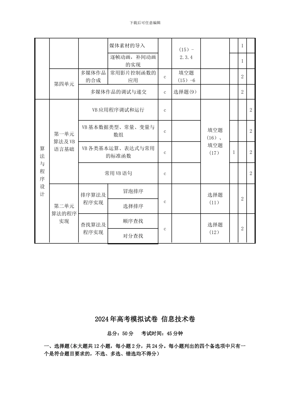 2024年高考模拟试卷-信息技术卷_第2页