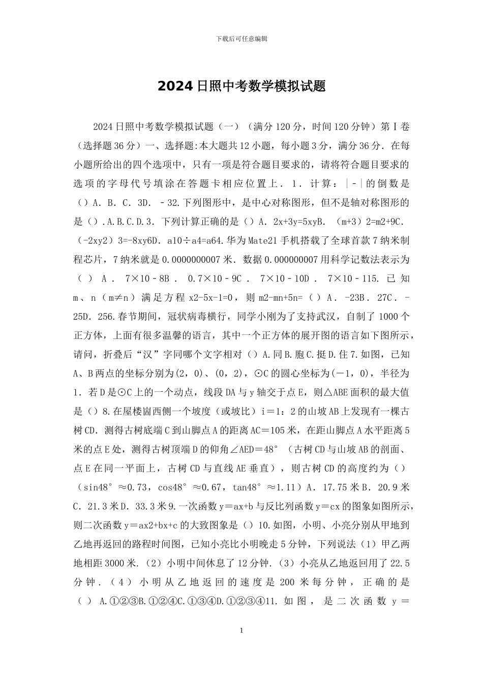 2024日照中考数学模拟试题_第1页