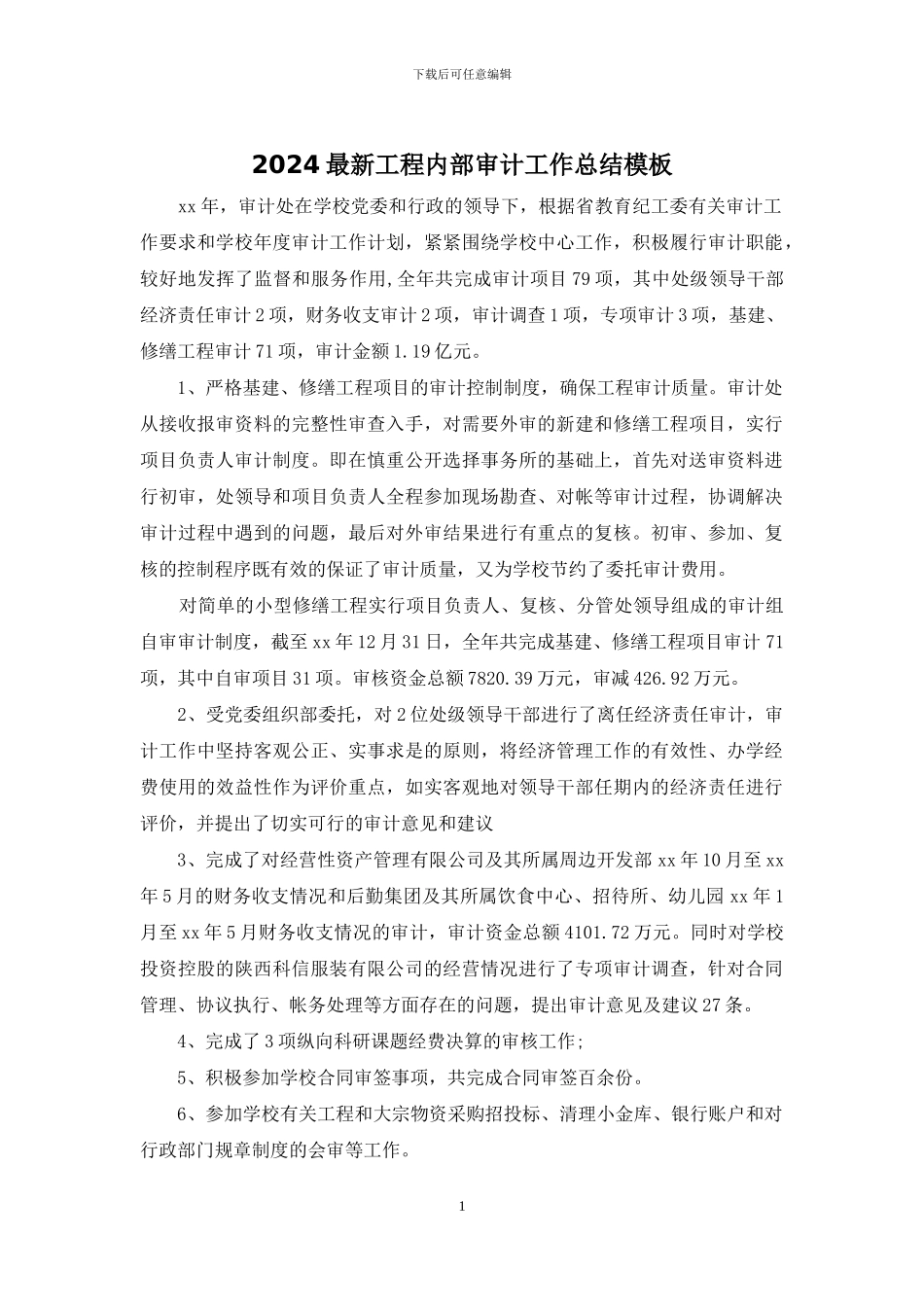 2024最新工程内部审计工作总结模板_第1页