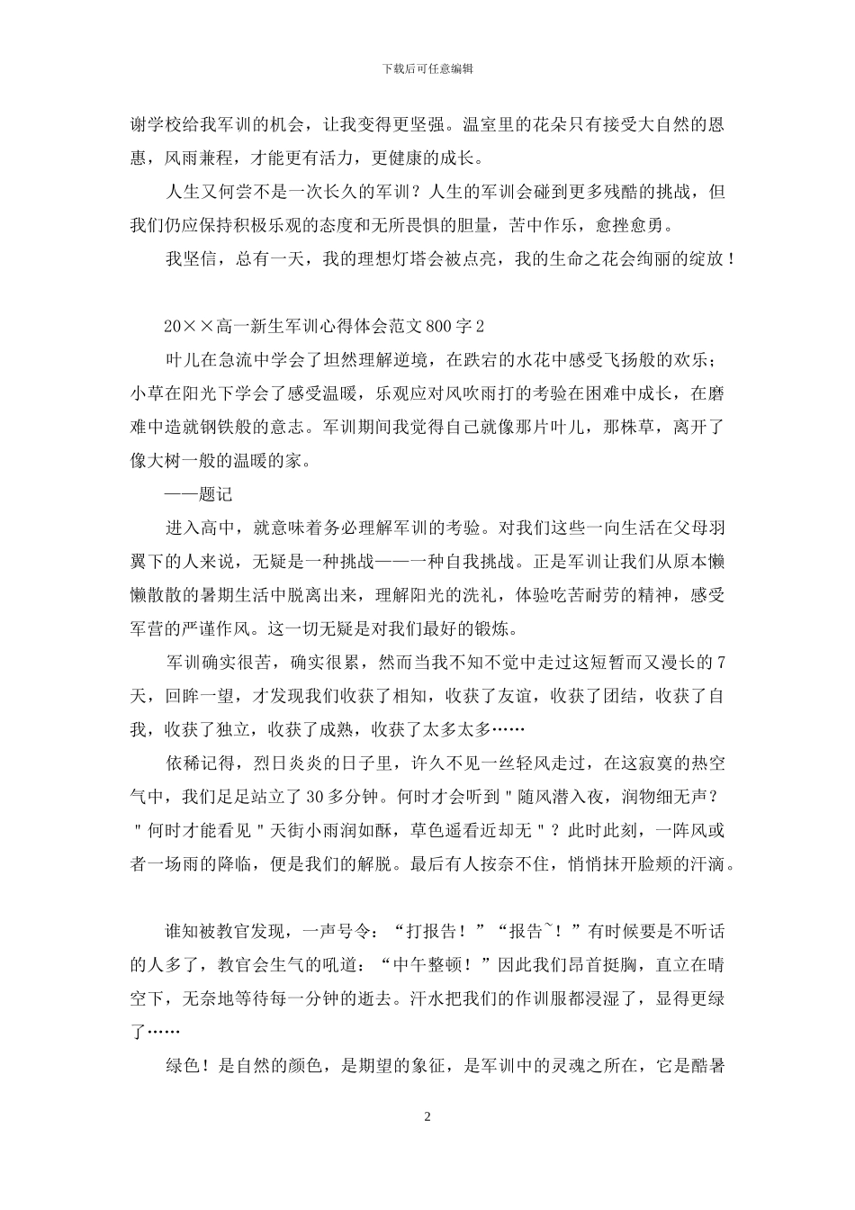 2024高一新生军训心得体会范文800字_第2页