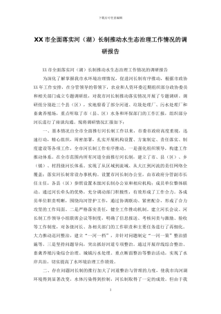 XX市全面落实河长制推进水生态治理工作情况的调研报告