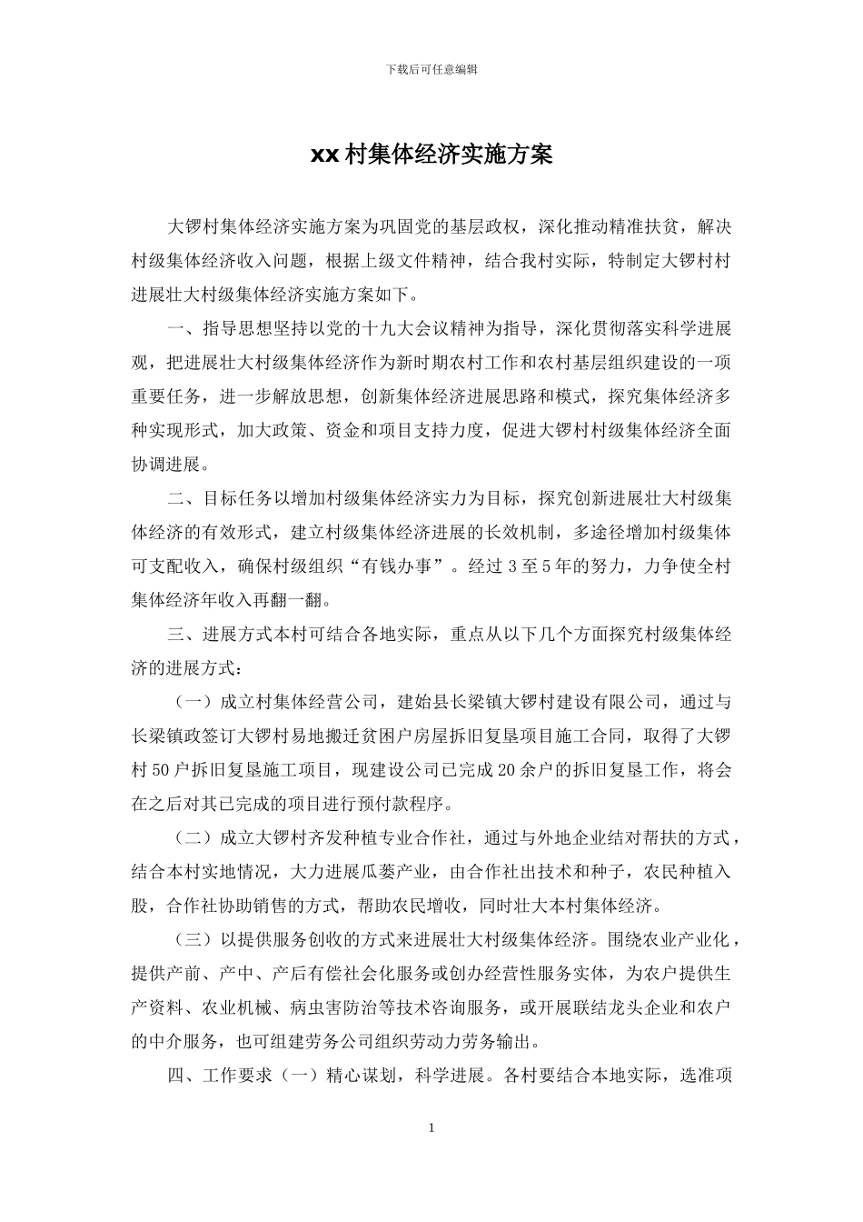 xx村集体经济实施方案_第1页