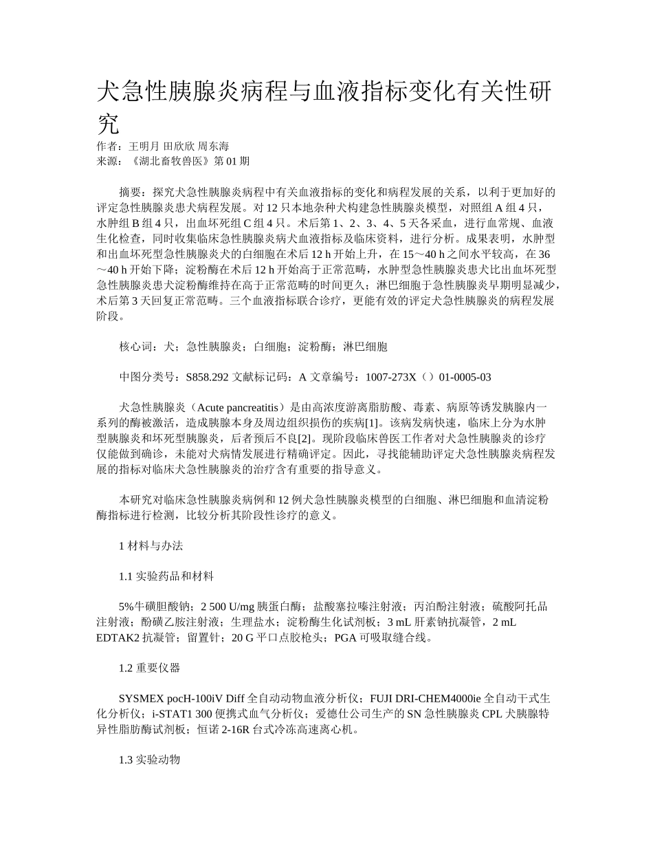 2025年犬急性胰腺炎病程与血液指标变化相关性研究_第1页