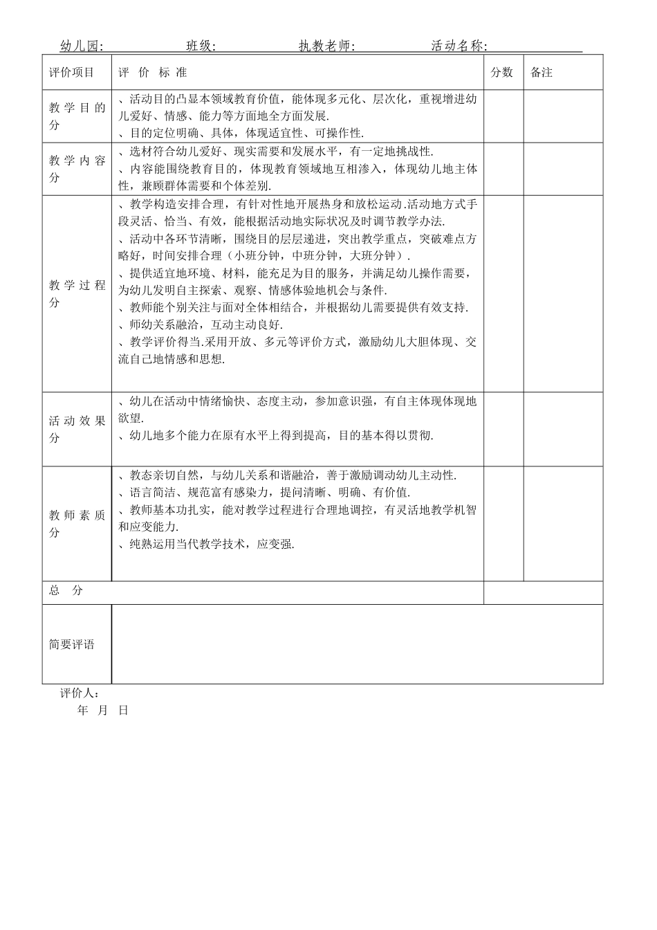 2025年幼儿园公开课评价表_第1页