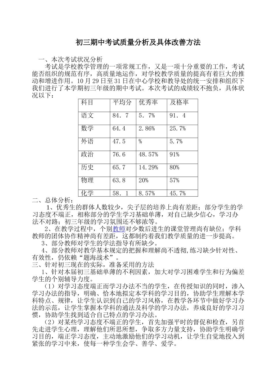2025年初三期中考试质量分析_第1页