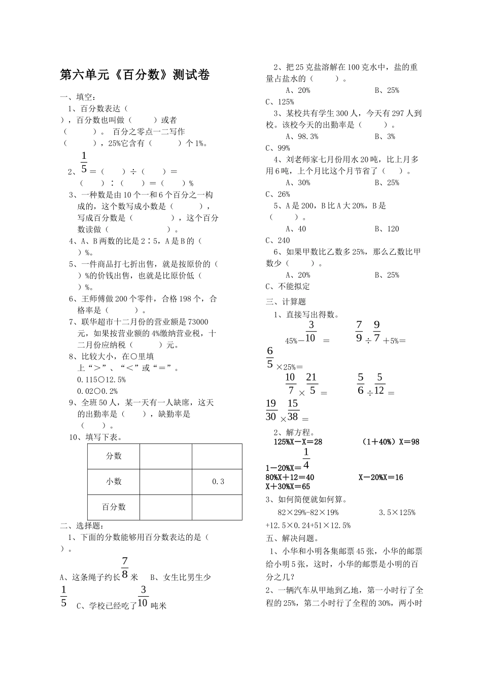 2025年百分数》测试题_第1页