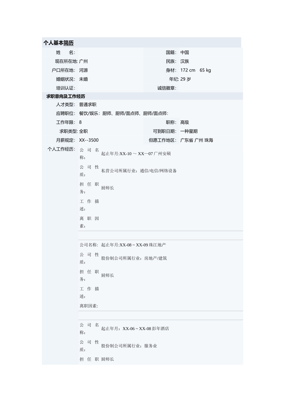 2025年厨师长的个人简历模板_第1页
