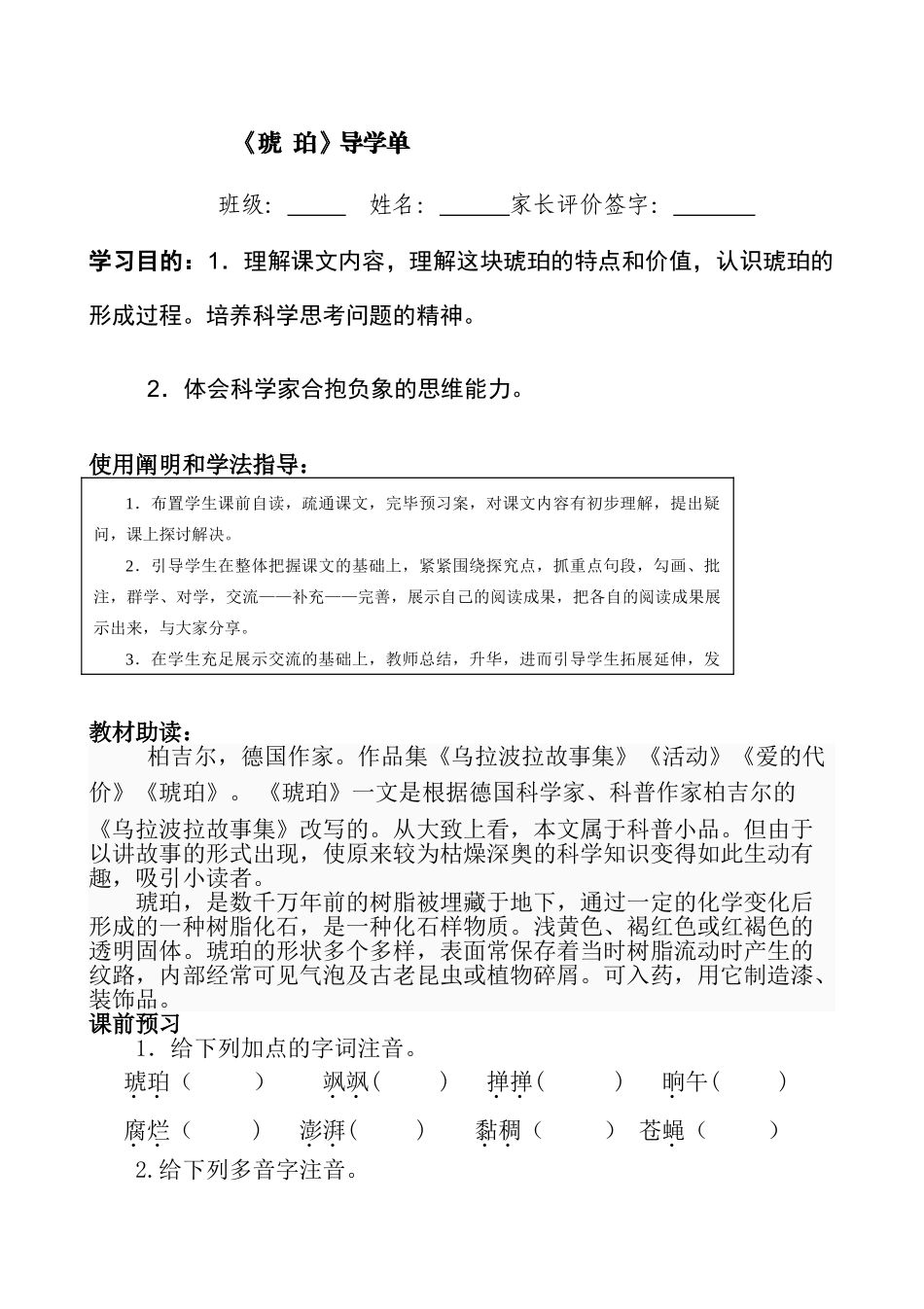 2025年《琥珀》导学案_第1页