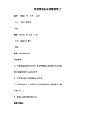 2025年返还原物纠纷民事起诉状