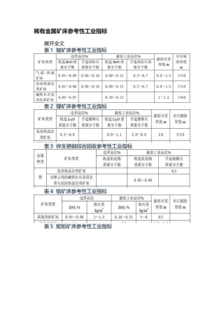 2025年稀有金属矿床参考性工业指标