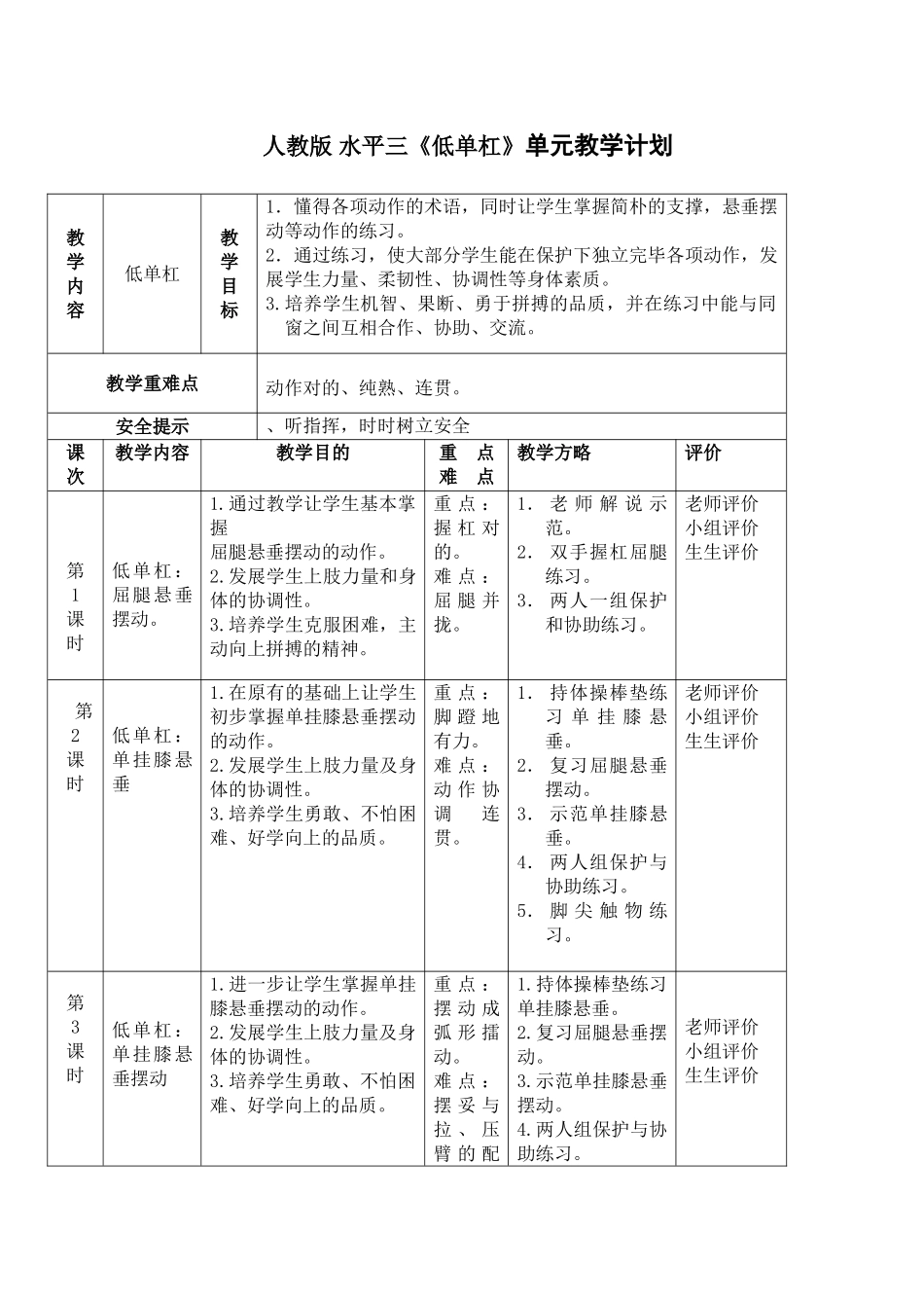 2025年水平三低单杠单挂膝悬垂摆动教案_第1页