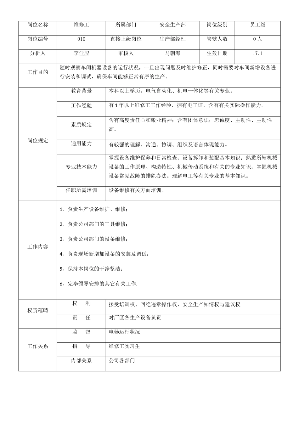 2025年岗位说明书维修工_第2页