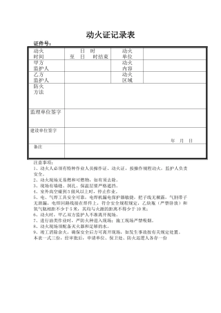 2025年动火证登记表