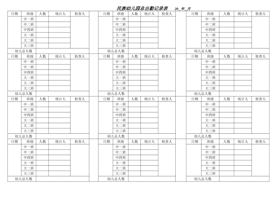 2025年幼儿园出勤记录表_第1页