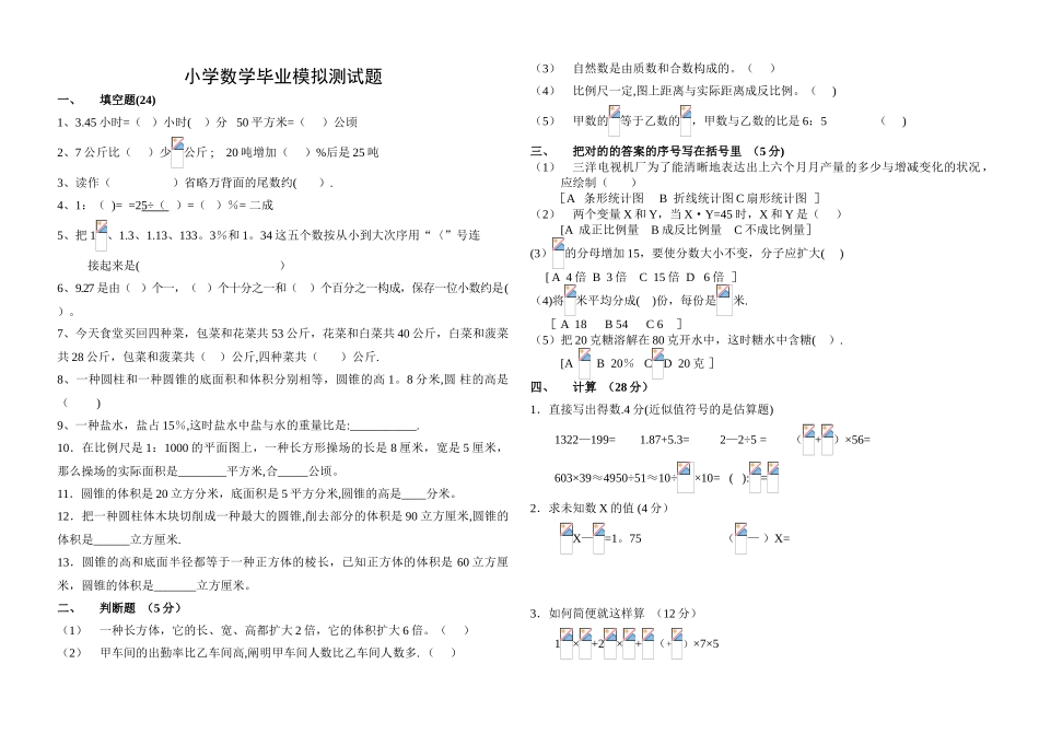 2025年小学六年级数学毕业模拟试卷_第1页