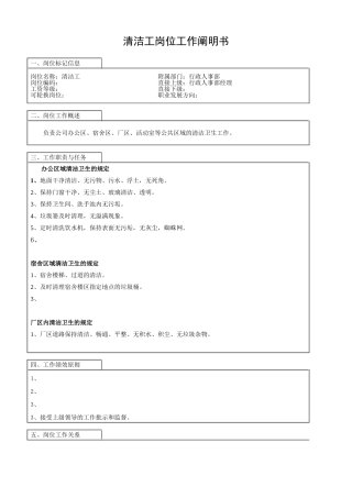 2025年清洁工 岗位工作说明书