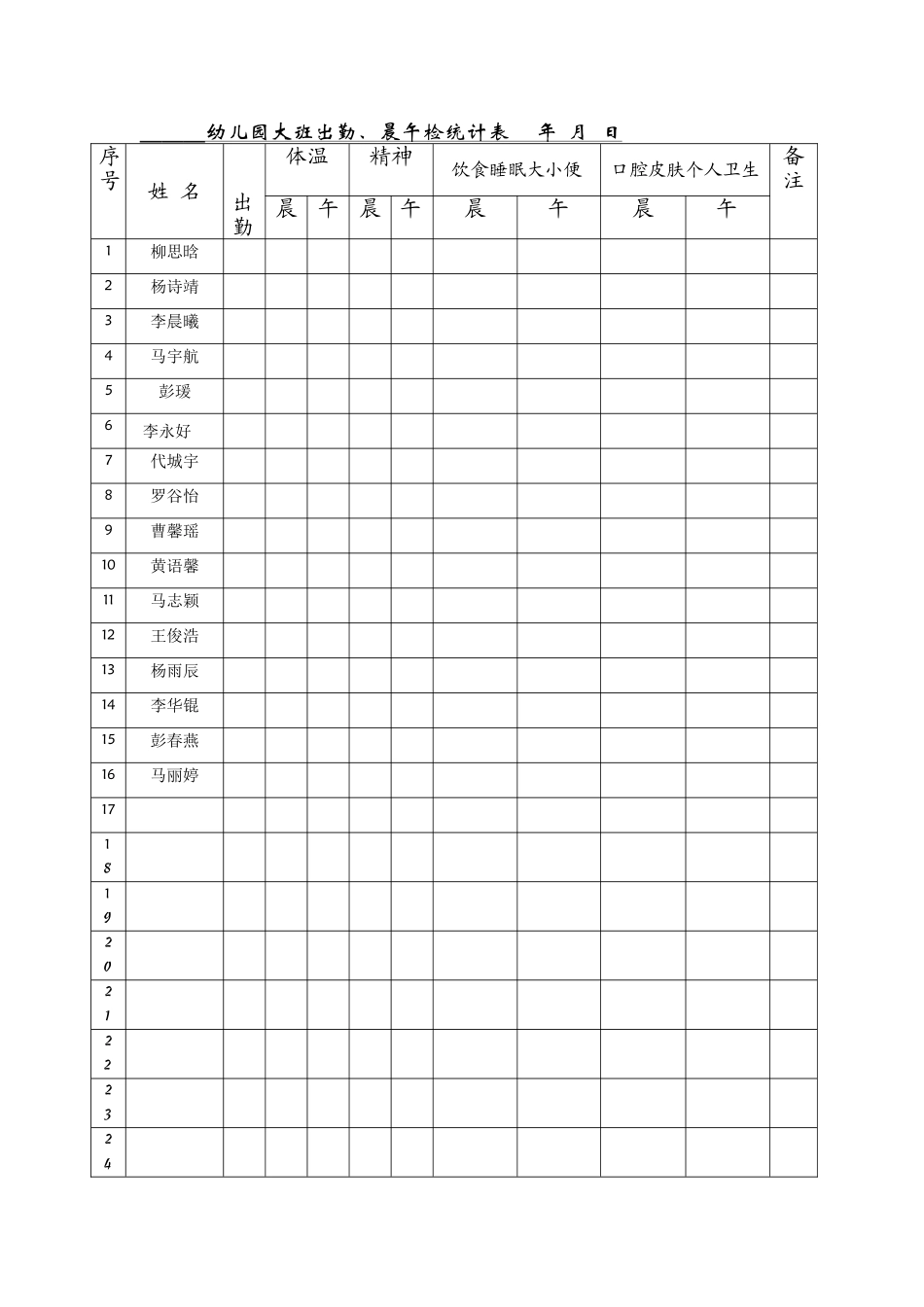 2025年幼儿园晨午检记录表_第1页