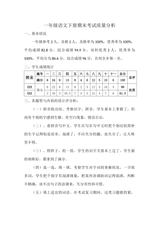 2025年一年级语文下册期末考试质量分析-一下语文期末考试分析