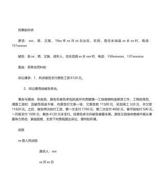 2025年农民工起诉状