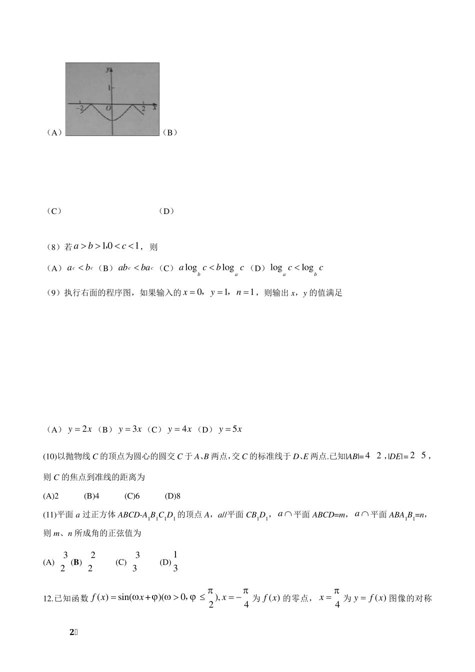 2016年全国一卷理科数学试卷_第2页