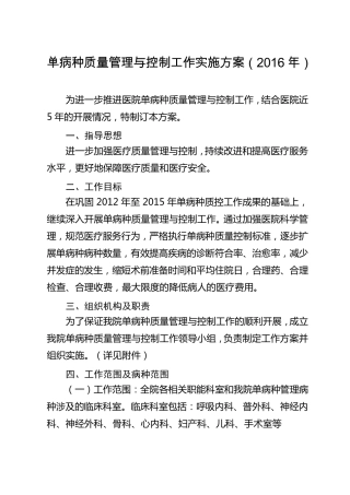 2016年单病种质量管理与控制工作实施方案