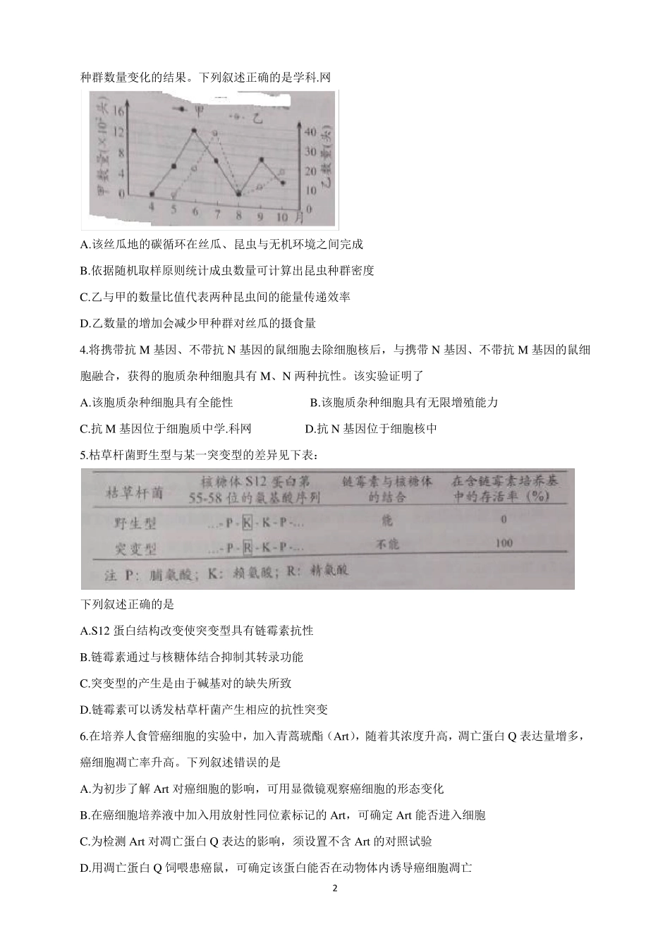 2016年天津高考生物试题及答案_第2页