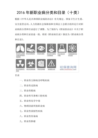 2016年新职业病分类和目录(十类)