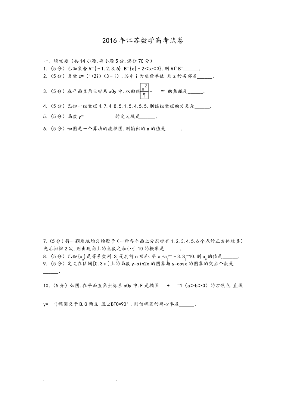 2016年江苏数学高考试卷含答案和解析_第1页