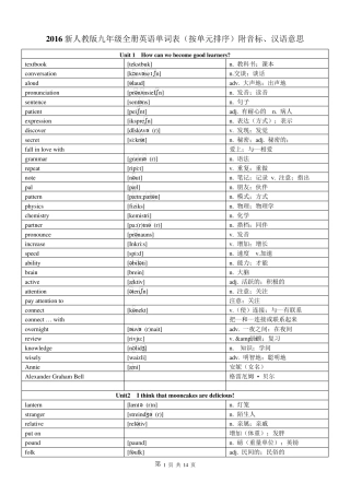2016新人教版九年级全册英语单词表(按单元排序)附音标、汉语意思