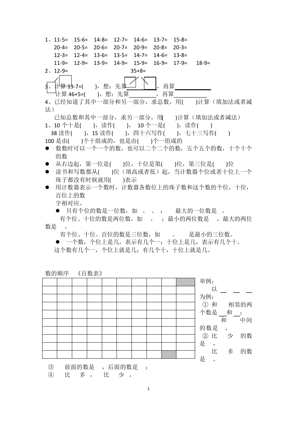 2016新苏教版一年级数学下错题易错知识点整理_第1页
