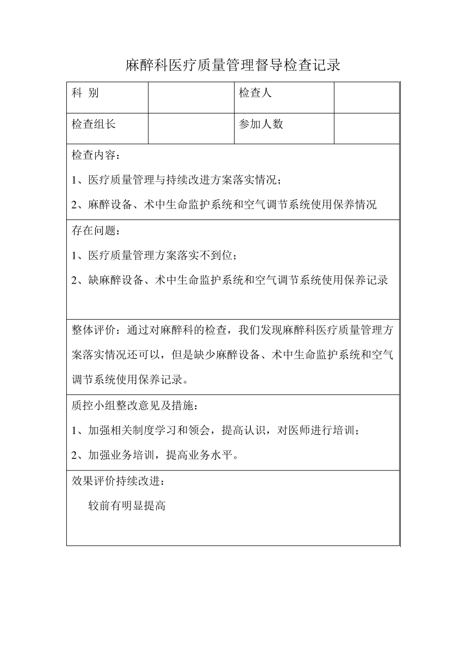2016麻醉科医疗质量安全督导检查记录_第2页