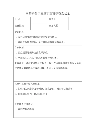 2016麻醉科医疗质量安全督导检查记录