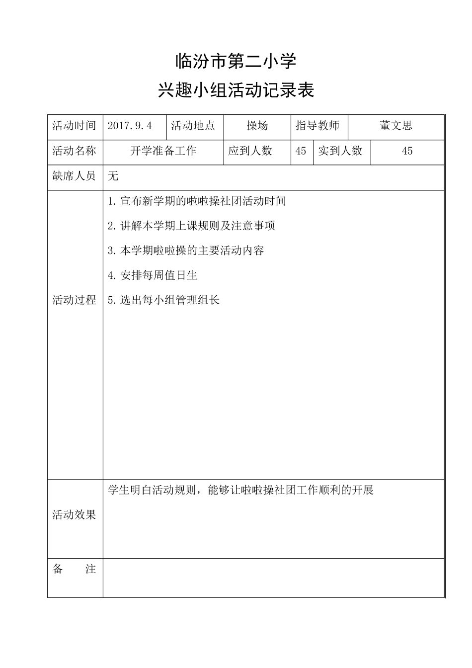 20172018第一学期花球啦啦操兴趣活动小组记录表_第1页